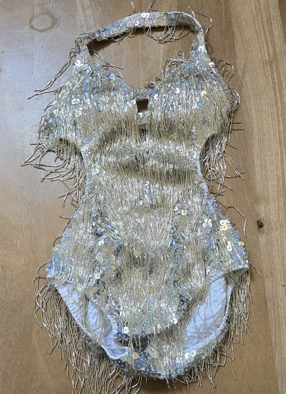 Silver Sequin Bead Fringe Performance Bodysuit Adult L Pop Star Stage Costume